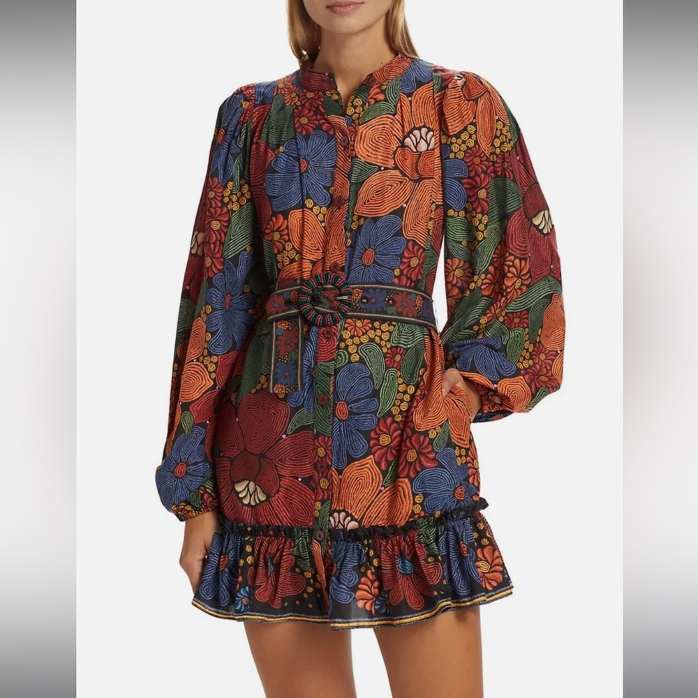 Farm Rio Stitched Flowers Belted Floral Mini Dress Long Sleeve